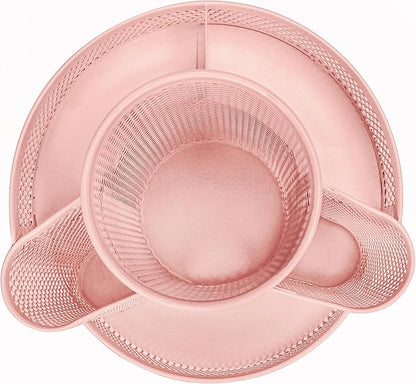 Annova Mesh Desk Organizer Rotate with 5 Compartments Round Spinning Tidy Candy/Pen Holder Desk Accessories Office, Art Supply, Storage, Classroom, Home (Light Pink)