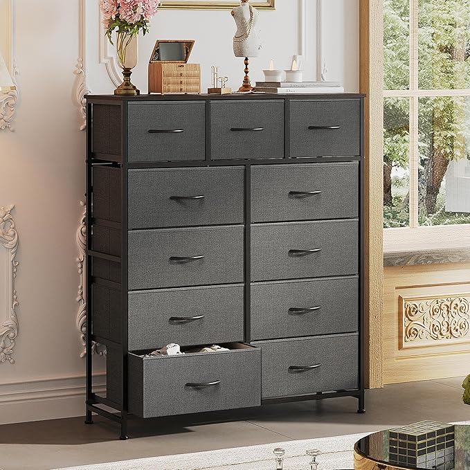 WLIVE Tall Dresser for Bedroom, Fabric Dressers Storage Tower, Dresser & Chest of Drawers Organizer Unit with 11 Drawers, Storage Cabinet, Hallway, Closets, Steel Frame, Wood Top, Dark Grey