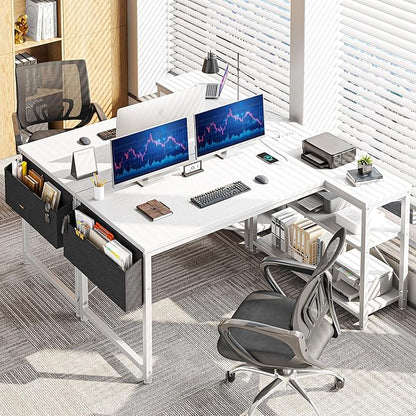 EnHomee Small Computer Desk with Storage Shelves & Side Bag, 40 Inch L Shaped Gaming Desk with Power Outlets, Corner Desk Study Writing Table for Home Office Bedroom Living Room, White
