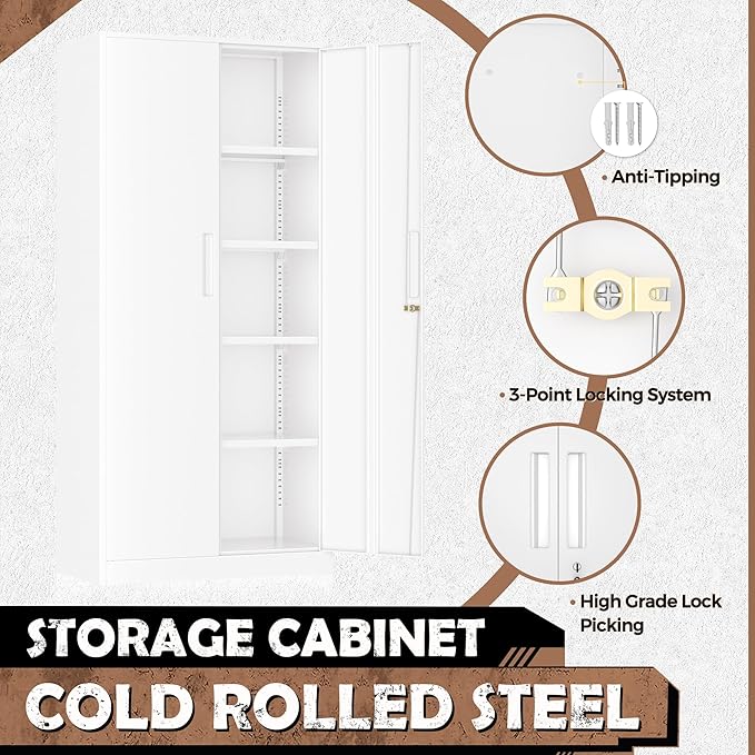 INTERGREAT Metal Lockable Storage Cabinet, 72” H Storage Cabinets with 2 Doors and 4 Adjustable Shelves for Office, Home, Garage, Pantry (Assembly Required, White)