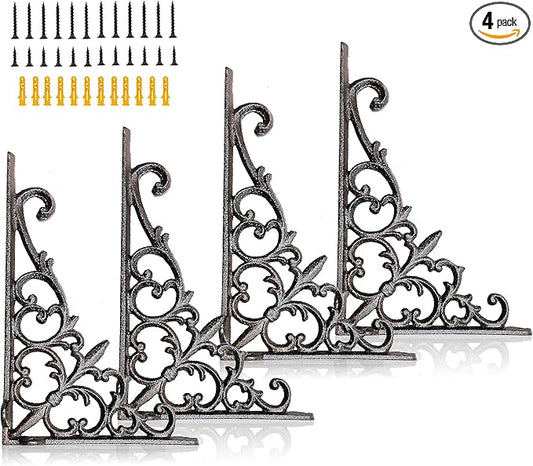 Z Metnal Decorative Shelf Brackets, 6 x 9 inch , Cast Wrought Iron Metal Mailbox Bracket, Wall Decor, Modern Shelving Bracket for DIY Floating Shelves, 4 Pack