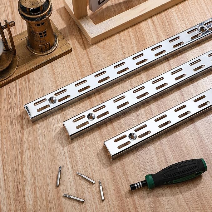 6 Pcs Dual Track Upright Wall Shelving System Heavy Duty Support System Twin Slot Shelf Rail Shelf Standards for Pantries Linen Closets Laundry Rooms(Silver,47.5 Inch)