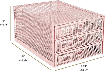 Annova Desk Organizer Wire Mesh 3 Tier Sliding Drawers Paper Sorter/Multifunctional/Premium Solid Construction for Letters, Documents, Mail, Files, Paper, Kids' Art Supplies (Light Pink)