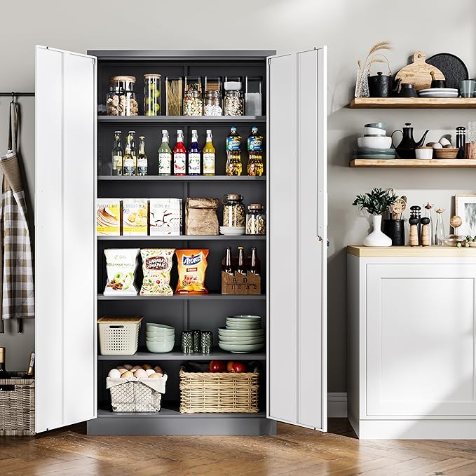 Metal Garage Storage Cabinet, 71-inch Tall Cabinet with Adjustable Shelves & Locking Doors, Tool Cabinets for Garage,Office,Home,School,Gym (Grey White)