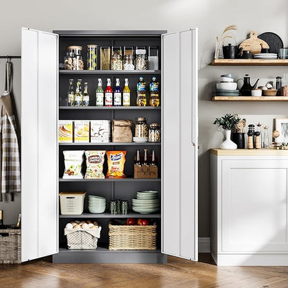 Metal Garage Storage Cabinet, 71-inch Tall Cabinet with Adjustable Shelves & Locking Doors, Tool Cabinets for Garage,Office,Home,School,Gym (Grey White)