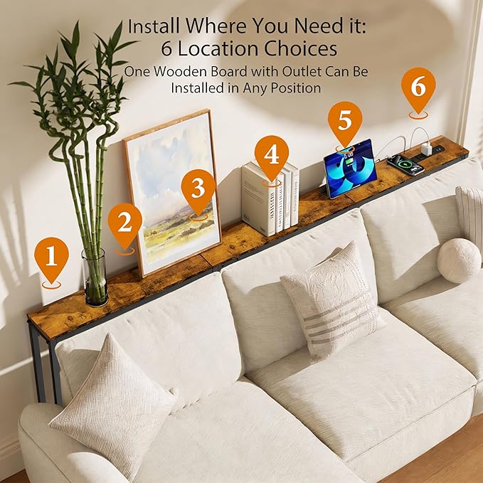 78" Narrow Console Sofa Table with Power Outlets & 2 USB Ports, L Shaped Behind Couch Table Skinny, 3 Assembly Options Entryway Tables with Charging Station for Living Room, Hallway, Brown, 78IN