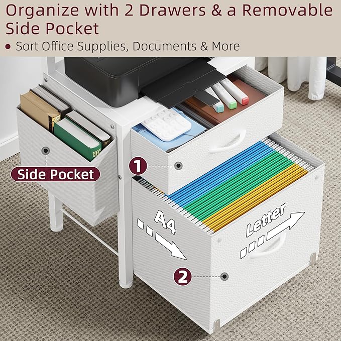 2-Drawer File Cabinet, Filing Cabinet with 2-Tier Printer Shelves, Office Cabinets with Side Bag&File Drawer for A4/Letter Size, Printer Stand with Storage for Home Office, White, 16.5" W