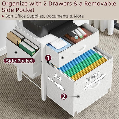 2-Drawer File Cabinet, Filing Cabinet with 2-Tier Printer Shelves, Office Cabinets with Side Bag&File Drawer for A4/Letter Size, Printer Stand with Storage for Home Office, White, 16.5" W