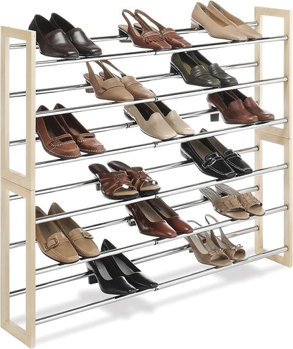 Whitmor 3 Tier Expandable Shoe Rack -Stackable - Natural Wood and Chrome