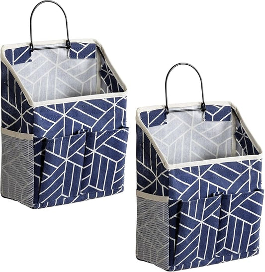 2pcs Wall Hanging Storage Bag, Small Door Closet Linen Fabric Pockets Organizer, Waterproof Multi Functional for Living Room Bedroom Bathroom Kitchen RV Camper with Hooks Pattern Navy