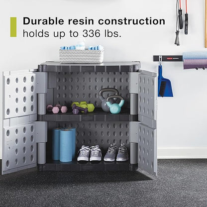 Rubbermaid Freestanding Storage Cabinet with Doors 18"D x 36"W x 37"H Medium Gray/Black Two-Shelf Lockable Cabinet for Indoor/Outdoor/Garage Storage for Garden Tools/Lawn Care Accessories