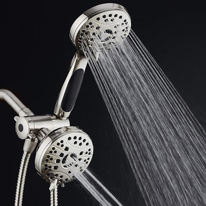 High Pressure 48-mode Luxury 3-way Combo – Dual Rain & Handheld Shower Head – 6 Foot Stainless Steel Hose – Anti Slip Grip – All Brushed Nickel Finish – Top US Brand – Extra Wall Bracket