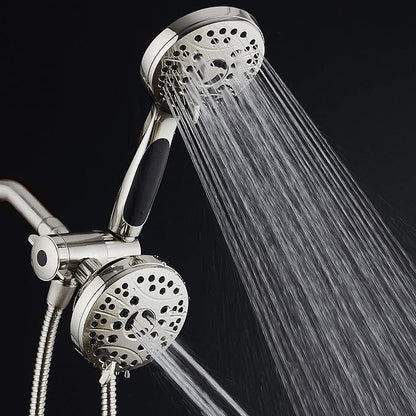 High Pressure 48-mode Luxury 3-way Combo – Dual Rain & Handheld Shower Head – 6 Foot Stainless Steel Hose – Anti Slip Grip – All Brushed Nickel Finish – Top US Brand – Extra Wall Bracket
