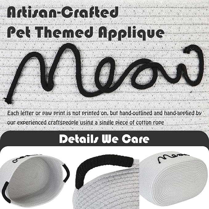 Sea Team Cat Toy Storage Basket with Handles, 16.5 x 11 x 7 Inches, 4.4 Gallons Large Cotton Rope Storage Bin, Shelf Basket, Organizer for Pet Chew Toys, Foods, Grey Meow