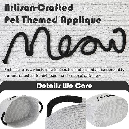 Sea Team Cat Toy Storage Basket with Handles, 16.5 x 11 x 7 Inches, 4.4 Gallons Large Cotton Rope Storage Bin, Shelf Basket, Organizer for Pet Chew Toys, Foods, Grey Meow