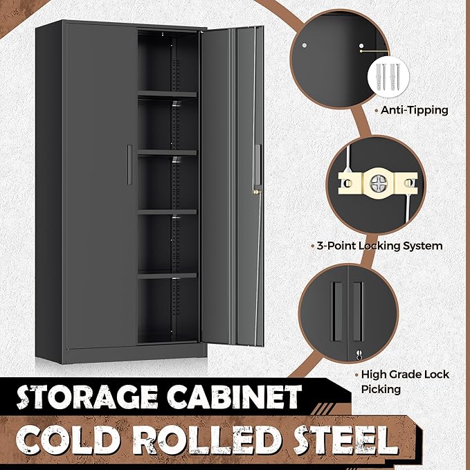 INTERGREAT Metal Storage Cabinet, 72” H Storage Cabinet with Doors and Adjustable Shelves for Office, Home, Garage, Pantry (Assembly Required, Black)