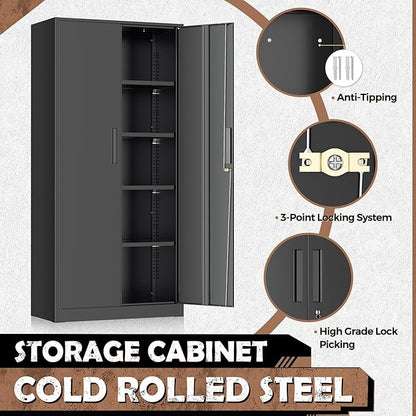 INTERGREAT Metal Storage Cabinet, 72” H Storage Cabinet with Doors and Adjustable Shelves for Office, Home, Garage, Pantry (Assembly Required, Black)