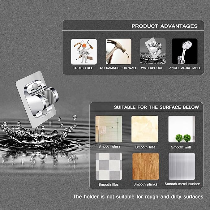 Shower Head Holder Shower Wand Holder Wall Mount Adhesive Adjustable Handheld Shower Holder No Drilling Shower Head Bracket, Silver