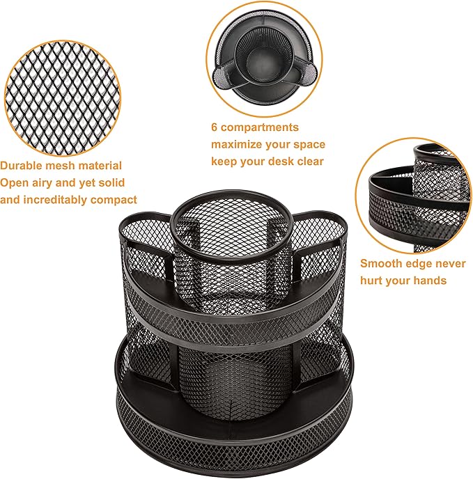 Annova Mesh Desk Organizer Rotate with 5 Compartments Round Spinning Tidy Candy/Pen Holder Desk Accessories Office, Art Supply, Storage, Classroom, Home (Black)