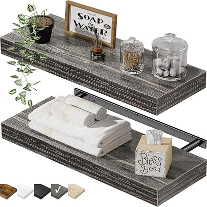 QEEIG Bathroom Floating Shelves for Wall - 15.7" Wall Mounted Shelf Over Toilet Farmhouse Home Decor Display Bookshelf Small 15.7 x 6.7 inch Set of 2, Grey (008-40GY)