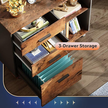 DEVAISE 3 Drawer Mobile File Cabinet, Wood Lateral Filing Cabinet, Printer Stand with Open Shelves for Home Office, Rustic Brown