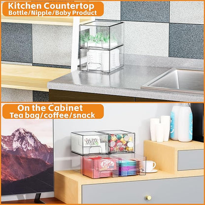 Yieach 4 Pack Clear Stackable Storage Drawers,4.4'' Tall Acrylic Drawer Containers for Organizing,Bathroom Organizers and Storage Bin Box,Plastic Makeup,Medicine Organizer Bins for Cabinet,Undersink