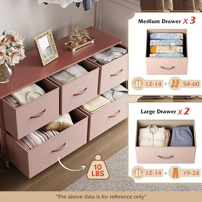 WLIVE Dresser for Bedroom with 5 Drawers, Wide Chest of Drawers, Fabric Dresser, Storage Organization Unit with Fabric Bins for Closet, Living Room, Hallway, Pink and Rose Gold