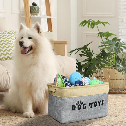 PET ARTIST Dog Toy Basket, Collapsible Dog Toy Bin Box with Comfortable Handles, Large Pet Toy Storage Basket Organizer for Accessories, Toys, Coat & Clothing, Blanket & Leash, Gray, 15"x11"x9"