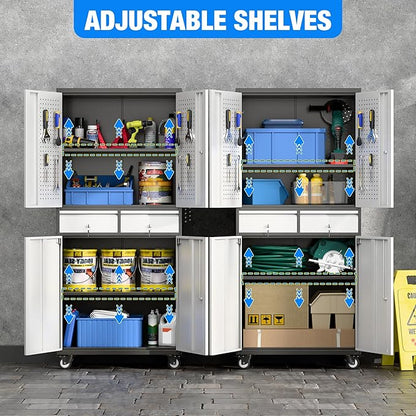 Metal Garage Storage Cabinet with 2 Drawers and 2 Adjustable Shelves, Locking Rolling Tool Storage Cabinet with Wheels and Pegboard for Garage, Home, Black and Silvery