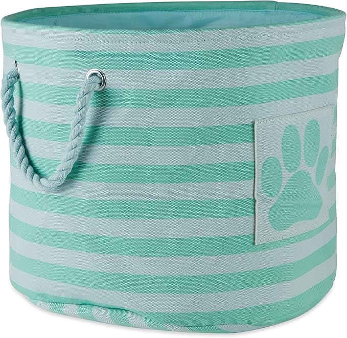 Bone Dry Pet Storage Collection Striped Paw Patch Bin, Aqua, Small Round