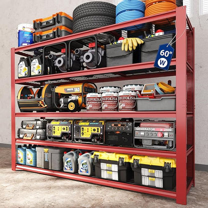 FLEXIMOUNTS 60" W Garage Shelving, 5 Tier Storage Shelves Load 1500LBS, Adjustable Garage Shelving Heavy Duty, Metal Shelves Unit for Basement, Warehouse, 60" W x 72" H x 24" D, Red