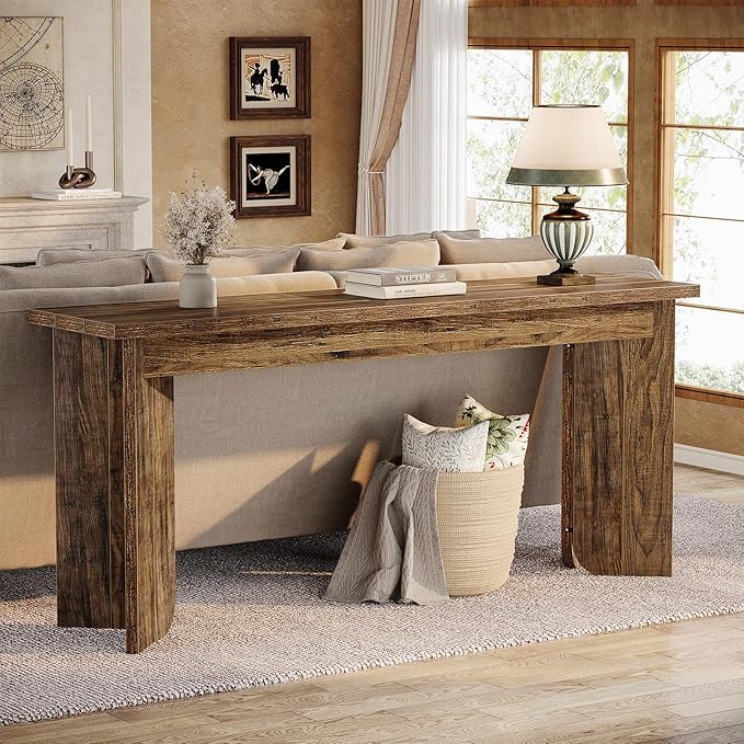 Tribesigns 70.9-Inch Sofa Console Table, Wooden Extra Long Entryway Table with Widened Tabletop, Farmhouse Console Behind Couch with Sturdy Double Pedestal for Hallway, Living Room, Rustic Brown