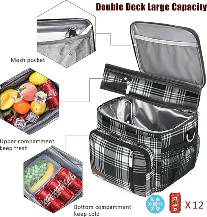 MIYCOO Lunch Bag & Lunch Box for Women Men, Double Deck Leakproof Insulated Soft Large Adult Camping Cooler bag for Work, Beach, Picnic, Travel (Checkered Black and White, 15L)