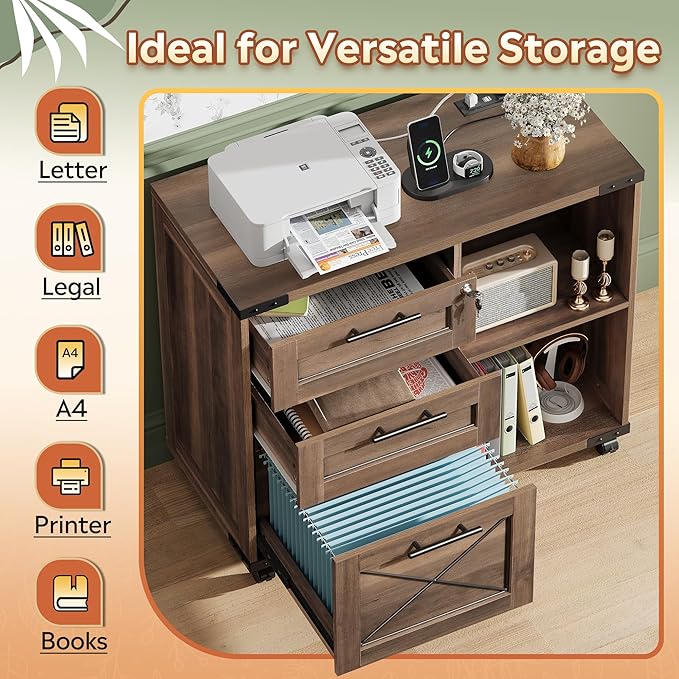 DEVAISE Wood File Cabinet with Charging Station, Mobile Lateral Filing Cabinet with Lock for Home Office, Printer Stand with Open Storage Shelves, Dark Brown