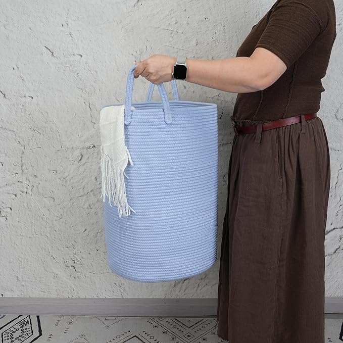 Cotton Rope Laundry Basket Hamper for Clothes Woven Storage Basket for Living Room Bedroom Boho Tall Rope Baskets for Blanket Toys Pillow Towels Baby Nursery Hamper Bin light blue Large