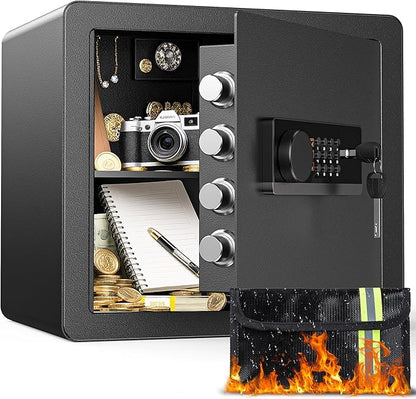 1.4 Cubic Feet Safe Box with Fireproof Waterproof Bag, Anti-theft Home Safe for Money Cash Documents Valuables, Digital Security Box with Alarm System, Electronic Keypad, Removable Shelf