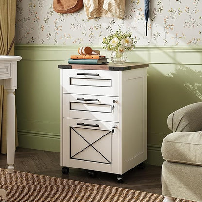 DEVAISE 3-Drawer File Cabinet with Hanging Files, Mobile Rolling Storage Cabinet for Home Office, Printer Stand, Farmhouse Style, White