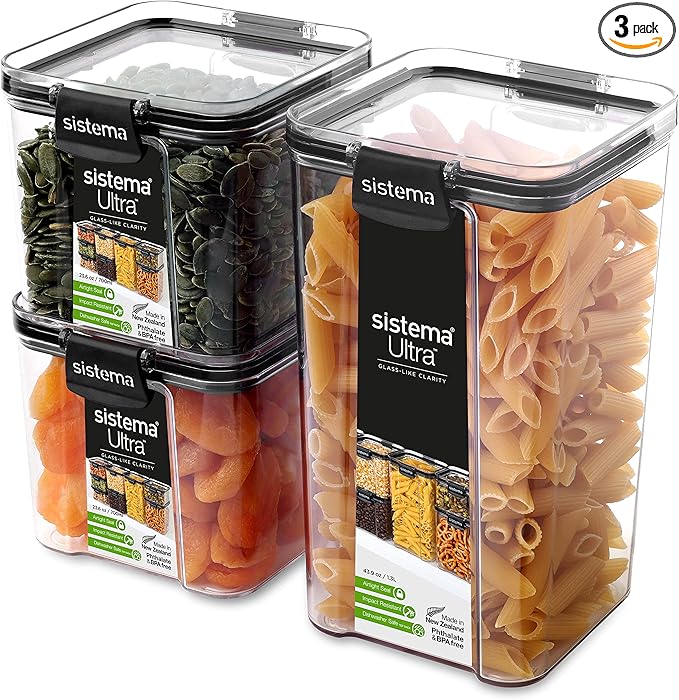 Sistema Tritan Ultra Airtight Pantry Storage Containers, 3-Pack, BPA-Free, Stackable, Clear with Locking Clips