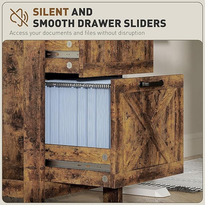 HOMCOM 3 Drawer File Cabinet with Silent Slides, Vertical Filing Cabinet for Hanging A4/Letter Size, Rustic Farmhouse Printer Stand with Storage for Home Office, Rustic Brown
