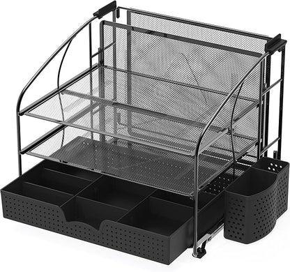 Simple Houseware 3-Tier Desk Organizer with Sliding Drawer, Hanging File Holder and Pen Holder Accessory, Black