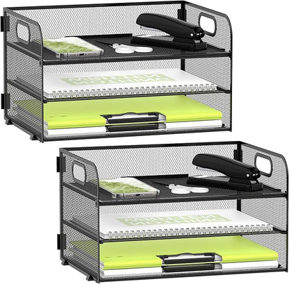 Daltrack 3-Tier Mesh Desk Organizer with Handle - Paper Tray Organizer for A4 Files, Black 2 Pack