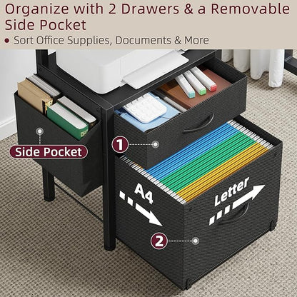 2-Drawer File Cabinet, Filing Cabinet with 2-Tier Printer Shelves, Office Cabinets with Side Bag&File Drawer for A4/Letter Size, Printer Stand with Storage for Home Office, Black, 16.5" W