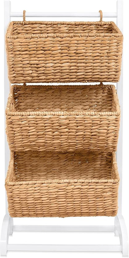 BIRDROCK HOME 3 Tier Abaca Storage Cubby (Natural) - 3 Baskets Made of Durable Seagrass Fiber - Solid Wood Frame - Child Pet Dog Toy Food Storage Organizer Shelf - Kitchen Vertical Rack Unit Stand