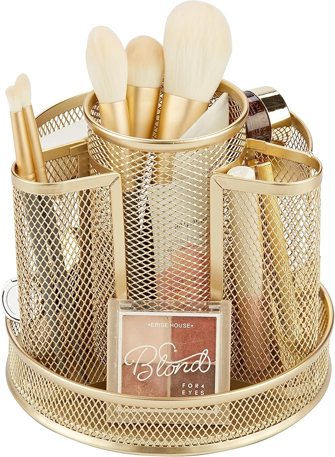 Annova Mesh Desk Organizer Rotate with 5 Compartments Round Spinning Tidy Candy/Pen Holder Desk Accessories Office, Art Supply, Storage, Classroom, Home (Gold)