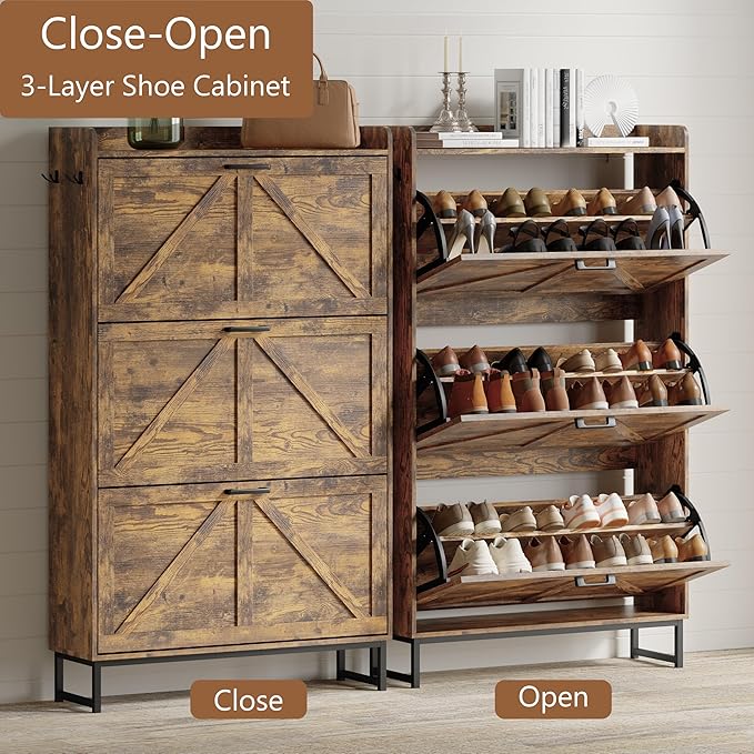 Shoe Cabinet with 3 Flip Drawers, Freestanding Hidden Shoe Storage Organizer for Entryway, Narrow Slim Shoe Rack Cabinet with Open Storage & Hooks for Front Door Entrance, Living Room, Hallway, Brown