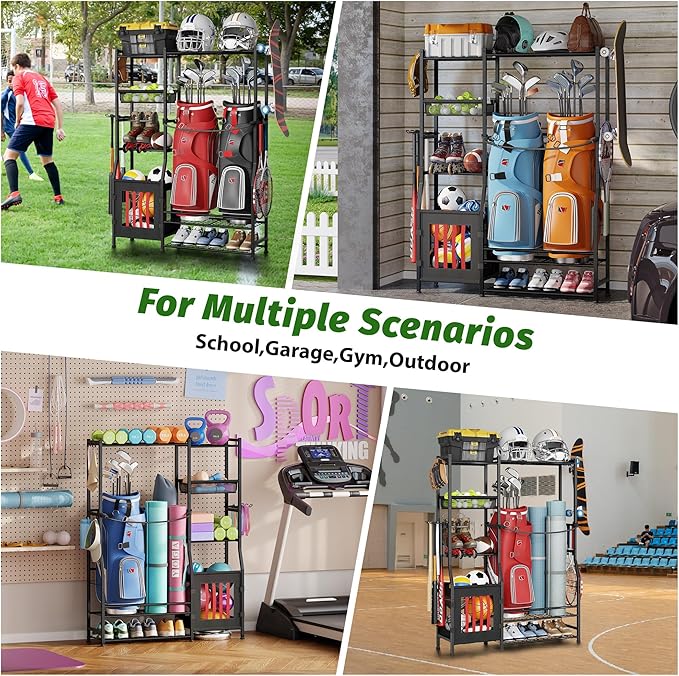Garage Sports Equipment Organizer, Golf Bag Storage Rack, Organizer for 2 Golf Bag , Indoor/Outdoor Ball Storage Bins for Toy Sports Gear Storage, Ideal for Home, Garage, Club, Shed, Basement