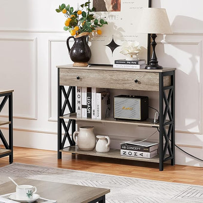 Yaheetech Console Table with Power Outlets and USB Ports, Wooden Entryway Table with Drawer and Open Shelves, Narrow Sofa Tables with Metal Frame for Living Room, Couch, Hallway, Grey