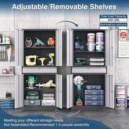 Metal Storage Cabinet with Lock, 71" Tall Garage Storage Cabinets with Doors and Shelves, Lockable Tool Cabinet for Home Office, Garage, Pantry