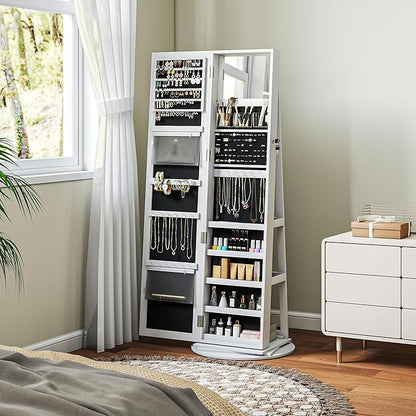 HOMCOM 360° Swivel Jewelry Cabinet, Lockable Jewelry Armoire Organizer with Full-Length Mirror, Back Storage Shelves, Interior Small Mirror, for Bedroom Living Room, White