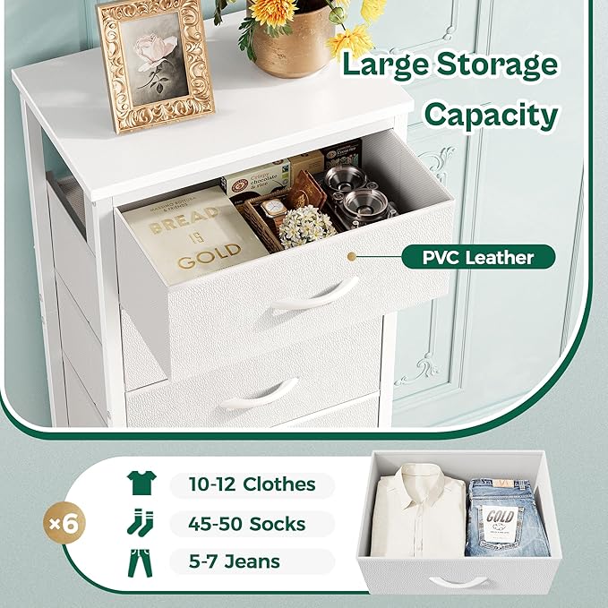 Huuger 43.3 Inch Tall Dresser for Bedroom, 6 Drawer Dresser & Chests of Drawers, Fabric Dresser for Closet, Bedroom, Night Stand, End Table with Metal Frame, Storage Tower with Fabric Bins, White